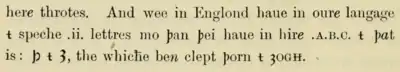 Traduction anglaise de Paul Hamelius&nbsp;(en) de 1919 d’un texte de Jean d'Outremeuse décrivant les lettres anglaises thorn et yogh dans un manuscrit du XVe&nbsp;siècle.