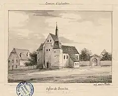 Croquis de l'église en 1875: l'édicule qui surplombe la nef a aujourd'hui disparu.