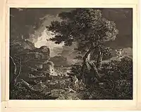 Niobé est au centre, serrant un petit enfant vers elle et lève les yeux vers le ciel. À droite, Apollon et Artémis tirent des flèches sur ses enfants. Plusieurs sont déjà morts ou blessés ; les autres, à gauche, tentent de s'échapper. Il y a une masse d'arbres cassés à l'extrême droite, une forteresse et une mer orageuse avec un éclair à gauche. L'image est dans le sens inverse de celui du tableau, à savoir que l'arbre du premier plan est à droite et la forteresse à gauche.