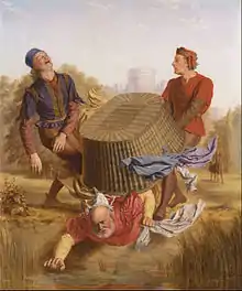 tableau en couleurs. Deux hommes hilares jettent à l'eau une grande corbeille de linge où se trouve un vieil homme.