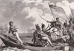 Gravure représentant le général Jordy, blessé et porté sur une civière par ses soldats.