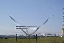 Antennes ondes courtes (DRM) à Junglinster. Un autre dispositif, moins récent, est visible à l'arrière plan à gauche.