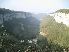 Cirque de Baumes-les-Messieurs. La falaise laisse apparaitre la roche calcaire.