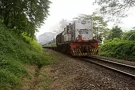 Intercité tractée par une locomotive diesel sur la voie unique au nord de Singapour.
