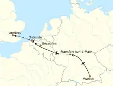 Carte montrant la trajectoire approximative du Junkers Ju 52 qui s'est écrasé le 16 novembre 1937 près d'Ostende, passant par Munich, Francfort-sur-le-Main, Bruxelles, Ostende et Londres.