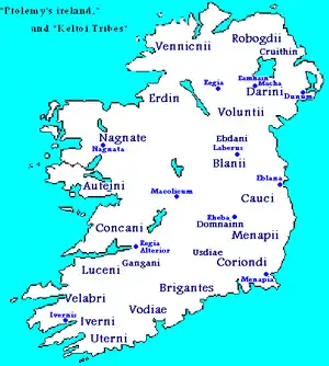 Cartographie schématique de l'établissement des Gaëls d'Irlande, d'après Ptolémée.