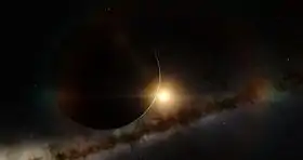 Représentation artistique de Kepler-1229 b et de son étoile hôte. En arrière plan, la Voie lactée.