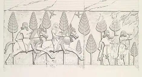 Cavaliers assyriens lors d'une chasse. Bas-relief de la salle 7.