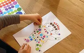 Travail de motricité fine consistant à coller les gommettes aux endroits prévus sur le dessin.