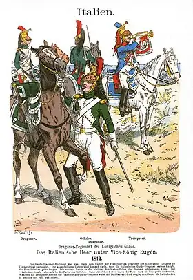 Des cavaliers italiens du XIXe siècle, dont un pied à terre.