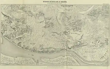 Xe s. Plan de Kiev au Xe siècle. Reconstitution par Nikolaï Zakrevsky dans la Description de Kiev ("Описание Киева"), Moscou, 1868.