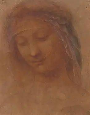 Dessin au crayon relevé à l'ocre et au blanc d'une tête de femme inclinée vers la gauche
