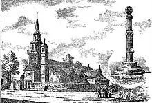 L'église Saint-Étienne de Plouezoc'h et la croix hosannière du cimetière (dessin de Louis Le Guennec)