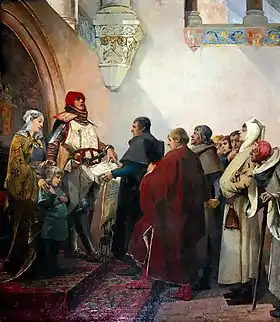 tableau représentant Renaud de Bourgogne, sa femme et son fils remontant aux bourgeois de la ville de Belfort les lettres de franchise