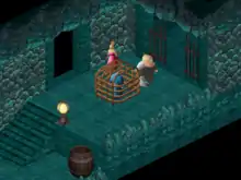 Capture d'écran montrant le héros Twinsen enfermé dans une cage, entouré de son ennemi le docteur FunFrock et d'un clone de sa femme Zoé.