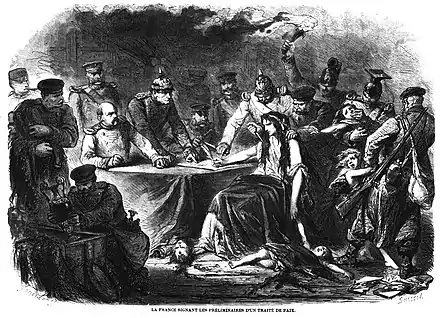 La France signant les préliminaires d'un traité de paix (L'Illustration, 11 mars 1871).