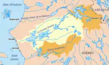 Carte des bassins versants harnachés par le complexe La Grande, qui sʼétend de la frontière du Labrador à la baie James.