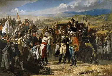 Représentation de la reddition des Français à Bailén, avec à gauche les officiers et soldats espagnols, au centre les généraux espagnol et français se saluant et à droite, les colonnes de prisonniers français défilant.
