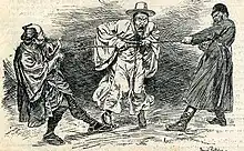 Dessin montrant au centre un homme dont le torse est entouré d’une corde qui lui comprime la poitrine et qu’il tente en vain de desserrer tandis que deux autres en costumes japonais et russe tirent chacun sur celle-ci dans des directions opposées.