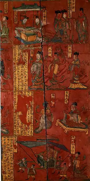La piété filiale de Shun et le dévouement de ses épouses, 484. Panneau de paravent laqué de la tombe de Sima Jinlong, 80 × 20 cm. Musée de Datong, Shanxi