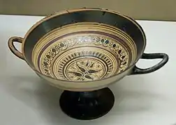 Kylix, coupe à boire, à figure noire de facture laconienne, v. 550-530 av. J.-C. British Museum.
