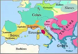 En orange, localisation hypothétique des Ligures au IIIe siècle av. J.-C. D'autres hypothèses l'estimaient plus vaste au néolithique.