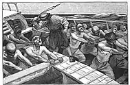 Les galériens sont sur la galères, en train de ramer, sous la menace d’un gardien avec son fouet.