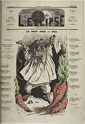 Gravure en couleur d'un bœuf sur ses pattes arrières pleurant et tenant un mouchoir, devant des carottes