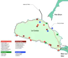 Carte d’une presqu’île avec des points de couleur indiquant la localisation du patrimoine.