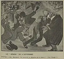 Dessin monochrome du pugilat à la Chambre ; le général André, au premier plan, s'appuie sur un autre parlementaire, pendant que Syveton se tient à l'arrière, l'air satisfait, les bras croisés.