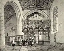 Le jubé vers 1845 ; fidèles en costume de l'époque (lithographie de Léon Gaucherel).