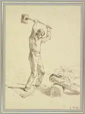 Un homme torse nu frappant, avec un très gros maillet tenu à deux mains, sur un coin enfoncé dans un tronc horizontal à ses pieds.