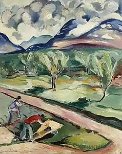 Verger avec des ouvriers