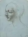 Dessin de la tête et des épaules d'une jeune femme, presque de profil à gauche.