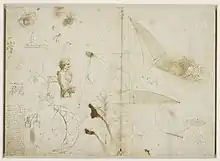 Feuille manuscrite sur laquelle se côtoient des dessins de figures géométriques et de personnes.