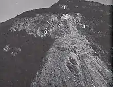 La Roche Pourrie : 1 - éboulement de 1937 2 - éboulement de 1977 3 et  4 écailles jugées dangereuses par le BRGM