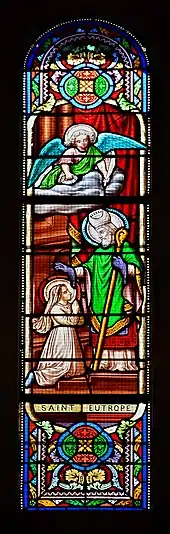 Vitrail représentant saint Eutrope et sainte Eustelle (XIXe siècle), possible œuvre de Jean Besseyrias dans l'église des Mathes (17).