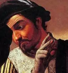 Détail de la peinture centré sur le visage du complice et de son gant aux bouts des doigts troués.