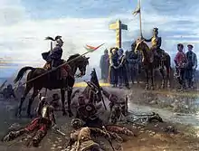 Tableau couleur représentant deux groupes, les Français à gauche, la plupart morts, et les Allemands à droite, capturant une Alsacienne et une Lorraine serrées sous le poteau-frontière.