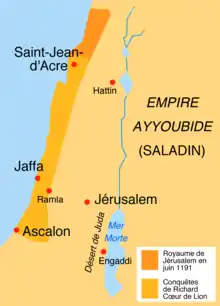 Carte simplifiée de Palestine. Au nord, sur la côte, le royaume de Jérusalem, tout petit. En dessous, le long de la côte, les conquêtes de Richard de Saint-Jean d'Acre à Ascalon. À l'est, dans les territoires de Saladin, Jérusalem. Au sud-est de Jérusalem, le désert de Juda, la mer Morte, et, entre les deux, Engaddi.
