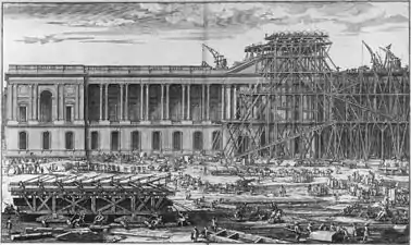 Sébastien Le Clerc,Représentation des machines qui ont servi à élever les deux grandes pierres qui couvrent le fronton de la principale entrée du Louvre (1677).