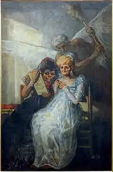 Deux vieilles femmes squelettiques, lourdement fardées, l'une tendant un miroir à l'autre au dos duquel il est écrit que tàl ? (« comment ça va ? ») tandis que derrière elle un personnage ailé s’apprête à l’assommer avec son balai.