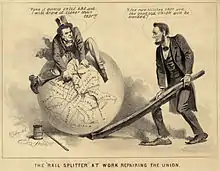 Dessin au fusain montrant Johnson à califourchon sur un globe terrestre en train de recoudre la carte des États-Unis. Lincoln utilise un tronc de bois pour faire levier sous le globe et l'empêcher de bouger.