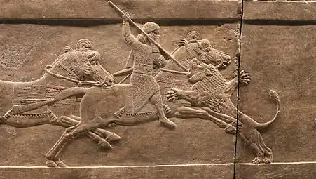 Le roi Assurbanipal, monté à cheval, plonge une lance dans un lion qui se jette sur lui. Bas-relief du palais nord de Ninive. British Museum.