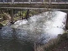 Un grand ruisseau de 4,5 m de large, enjambé par un pont en béton (pas l'Antelope Creek Bridge), avec des tuyaux en métal en dessous. De la végétation éparse pousse sur les rives du ruisseau.