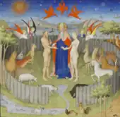 Au milieu d'un bestiaire, Dieu portant robe et la tête auréolée rapproche les mains de deux personnages, homme et femme, nus.