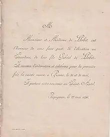 Faire-part de l'ordination sacerdotale de Gabriel de Llobet (1896)
