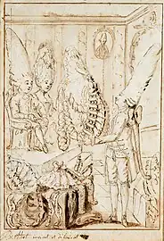 Dessin à la plume pour Le Cabinet des fées, préparatoire à la gravure à droite.