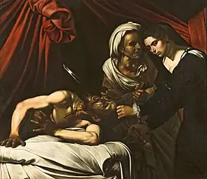 Toile représentant un homme nu égorgé par une femme accompagnée d'une vieille servante.