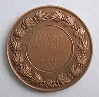 Médaille La Société française des électriciens. André-Marie Ampère (1775-1836). Graveur Jules Chaplain (1839-1909). Revers.